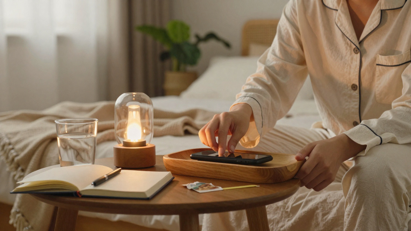 Pessoa em pijama usando celular sentada perto de mesa com caderno, copo d'água e luminária acesa.