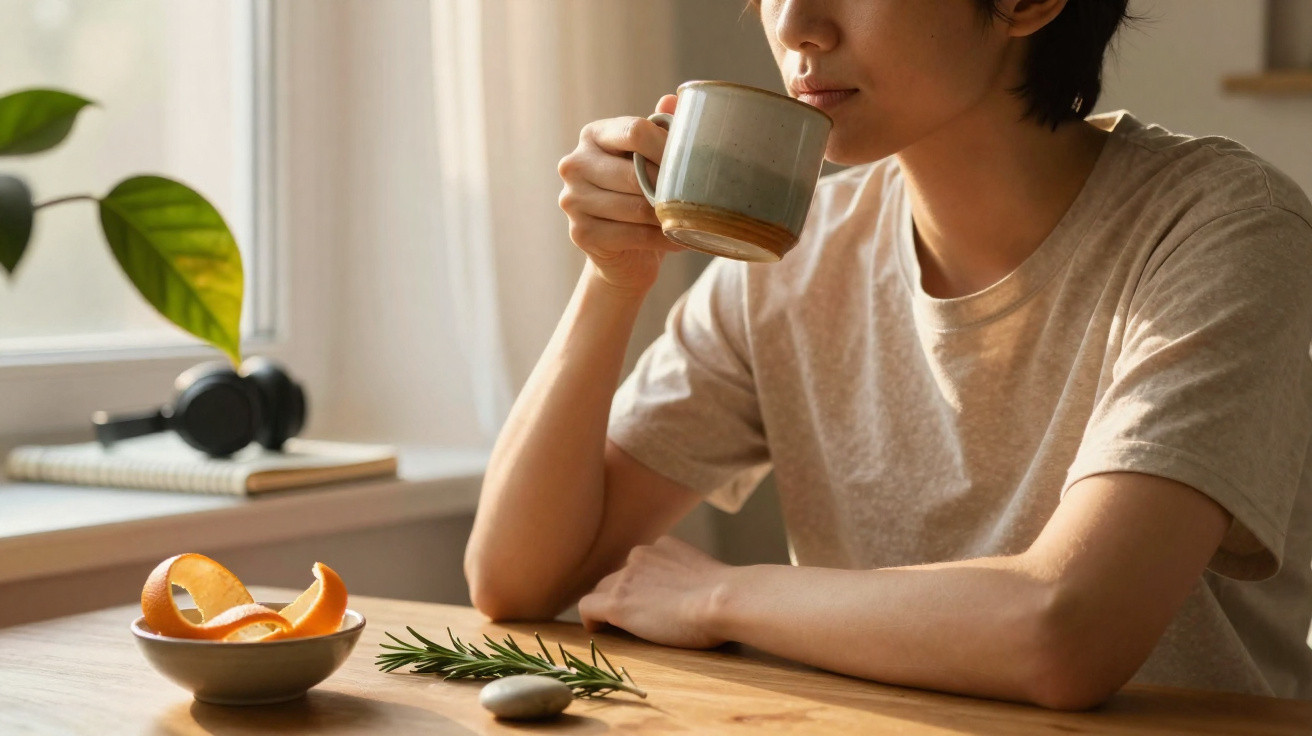 Pessoa segurando uma caneca e tomando bebida, sentada à mesa com casca de laranja e ramo de alecrim.