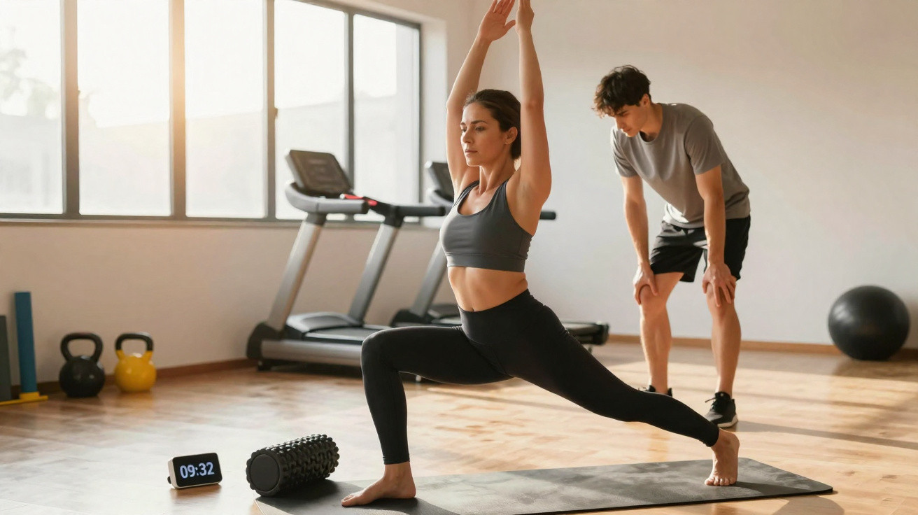 Mulher em pose de alongamento no tapete de yoga com treino supervisionado por homem em ambiente de ginásio.