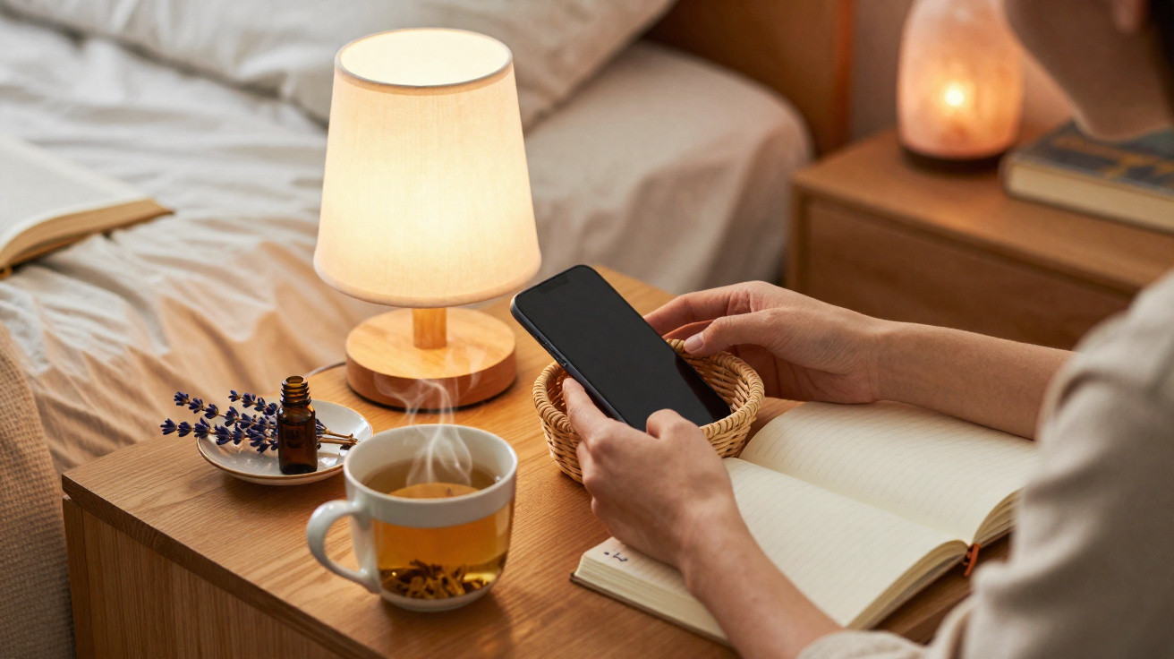 Pessoa usando celular ao lado de xícara de chá quente, luminária e caderno sobre mesa de madeira perto da cama.