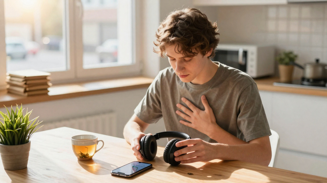 Jovem sentado à mesa, com uma mão no peito e a outra segurando fones de ouvido perto de um celular.