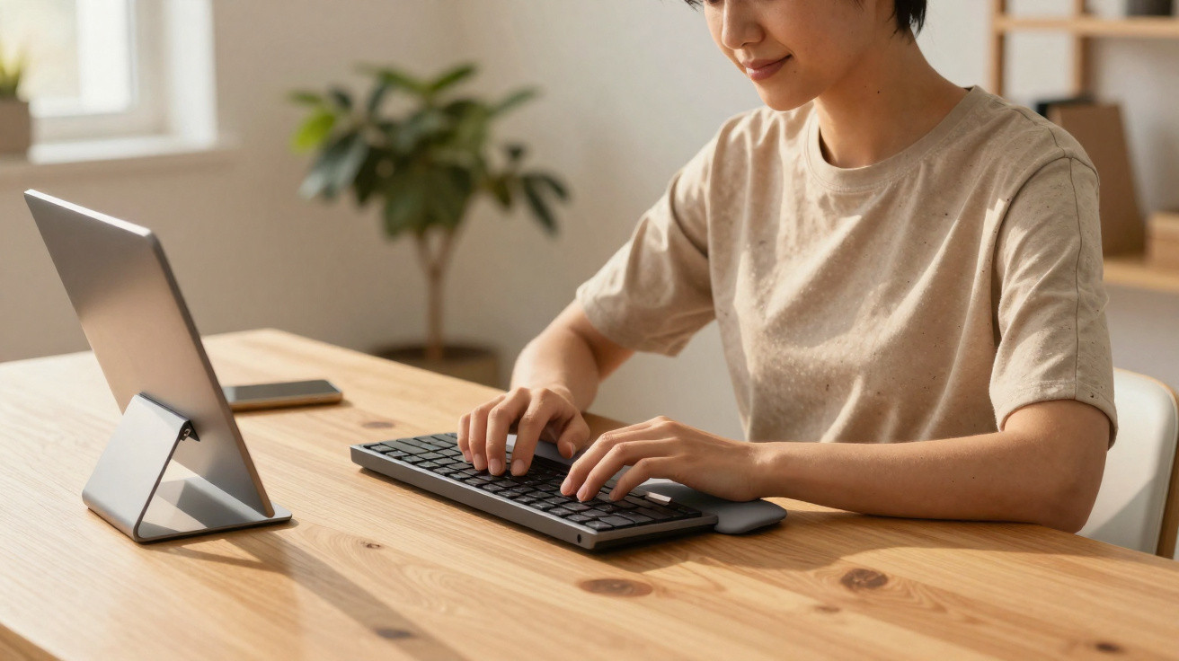 Pessoa digitando em teclado sem fio em mesa de madeira com tablet em suporte ao fundo.
