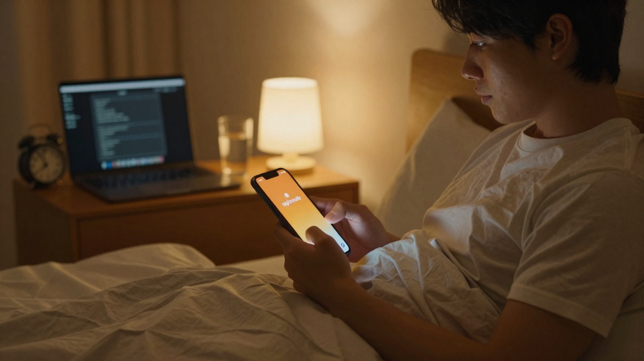 Homem deitado na cama usando celular com aplicativo aberto, luz de abajur e laptop no criado-mudo.
