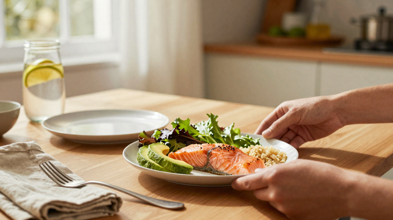 Prato com salmão grelhado, abacate, folhas verdes e quinoa sendo colocado sobre mesa de madeira.