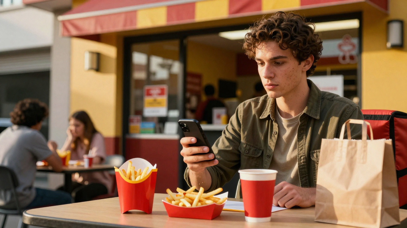 Jovem sentado ao ar livre em lanchonete, olhando para celular, com batatas fritas, copo e sacola na mesa.