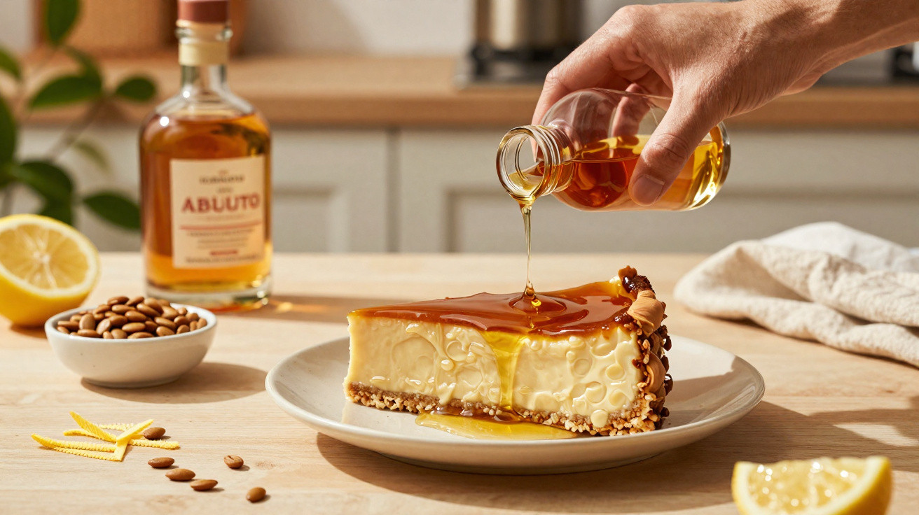 Mão despejando mel sobre fatia de torta cremosa com base de nozes em prato branco sobre mesa de madeira.