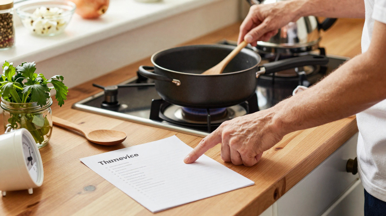 Pessoa seguindo receita impressa enquanto cozinha em fogão com panela preta e utensílio de madeira na cozinha.