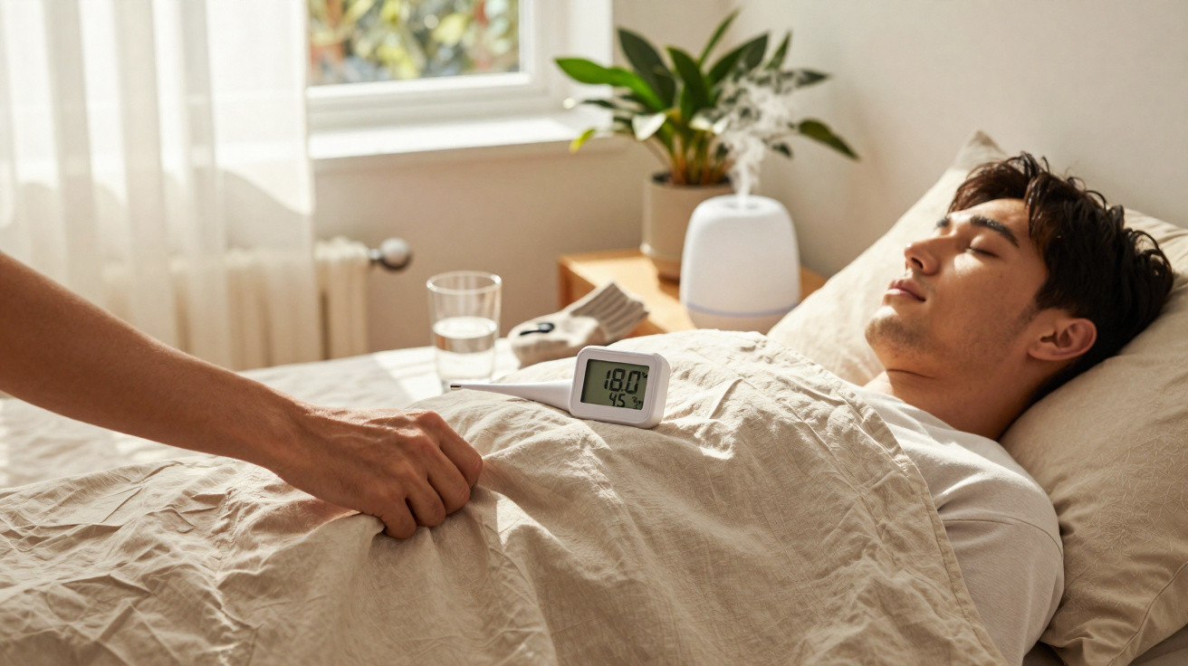 Jovem deitado na cama enquanto outra pessoa segura termômetro digital sobre ele em ambiente claro.