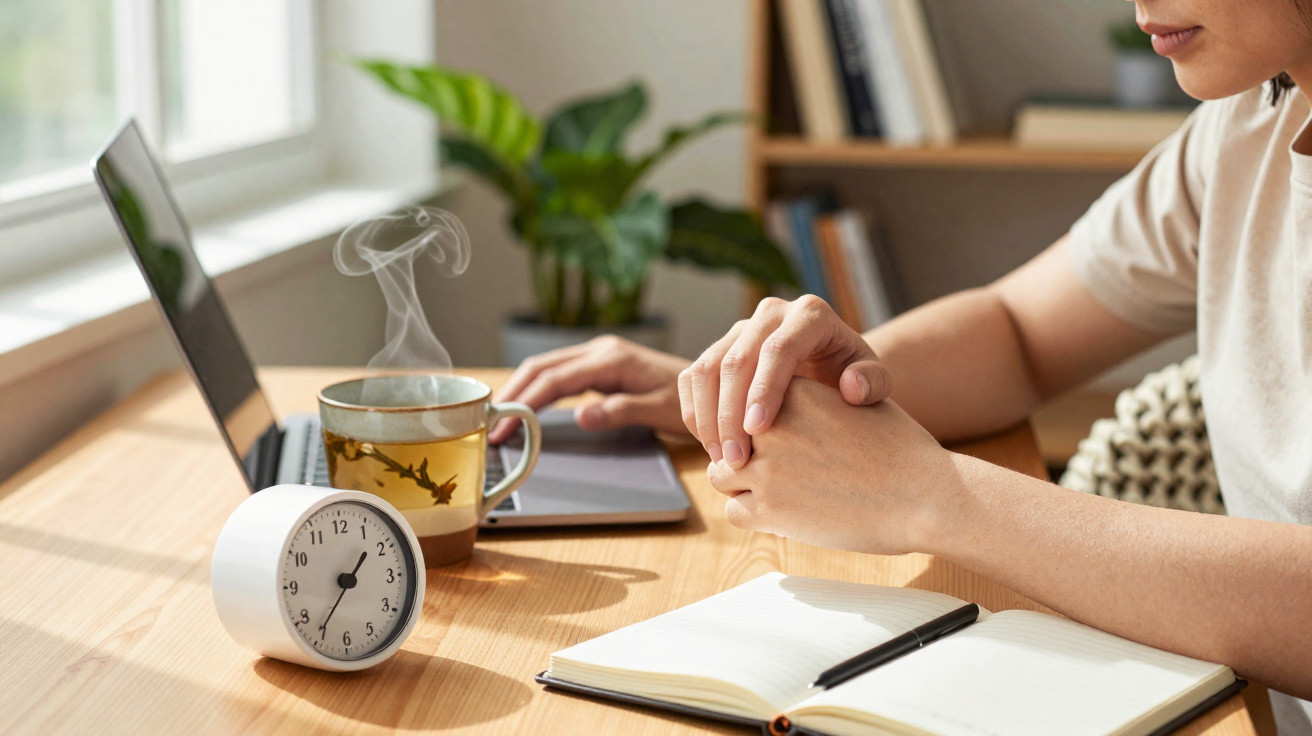 Pessoa sentada em mesa com xícara de chá, relógio, notebook e caderno aberto para anotações.
