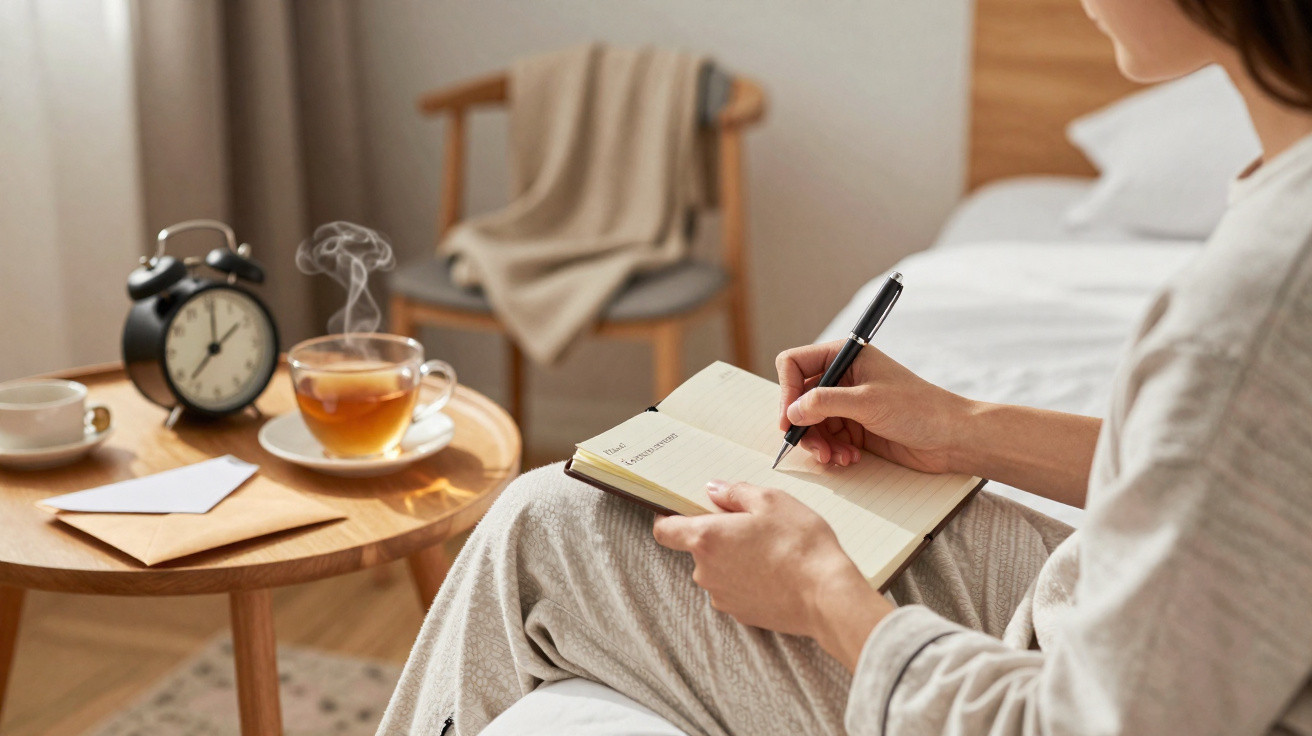 Pessoa escrevendo em caderno sentada na cama com chá quente e relógio em mesa ao lado.