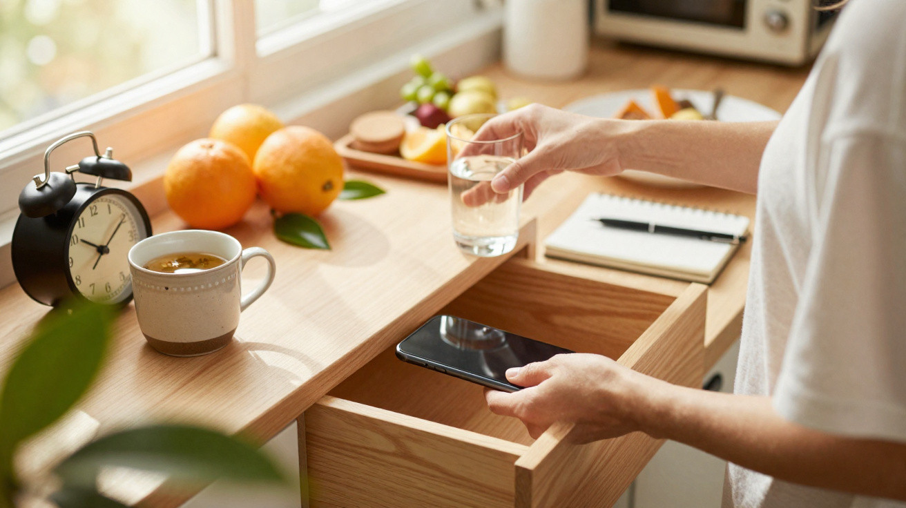 Pessoa segurando copo de água e celular perto de relógio, frutas, chá e caderno em mesa de madeira.