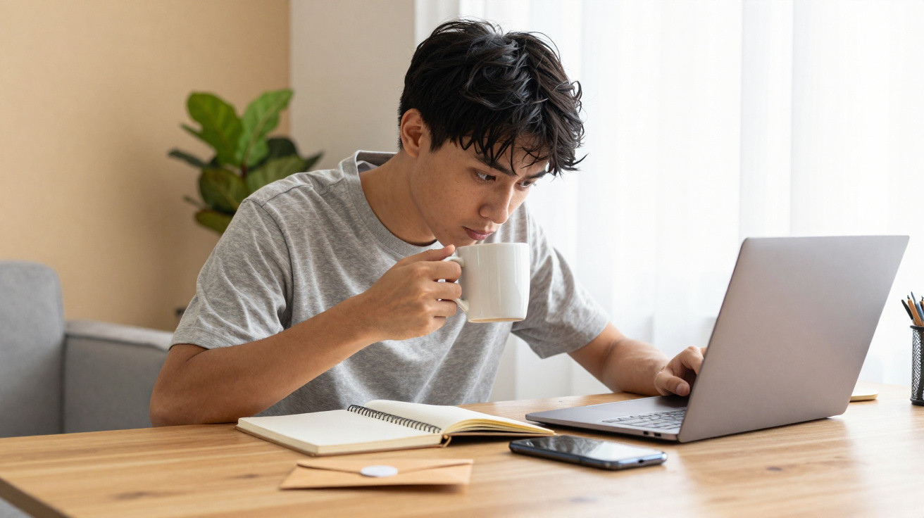 Jovem sentado à mesa, bebendo café e olhando para o notebook, com caderno e celular à sua frente.