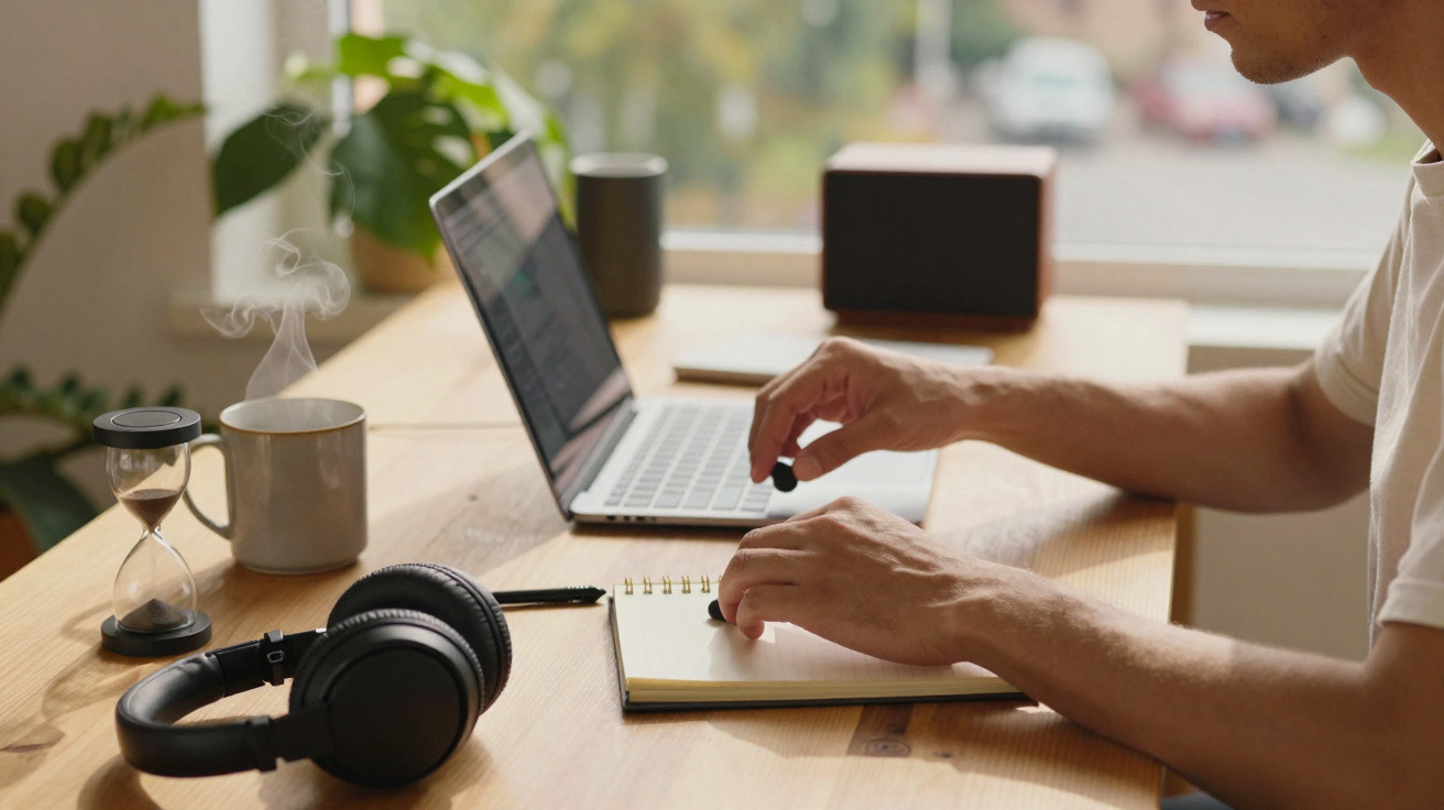 Pessoa escrevendo em bloco de notas com laptop, fone de ouvido, xícara com vapor e ampulheta na mesa.