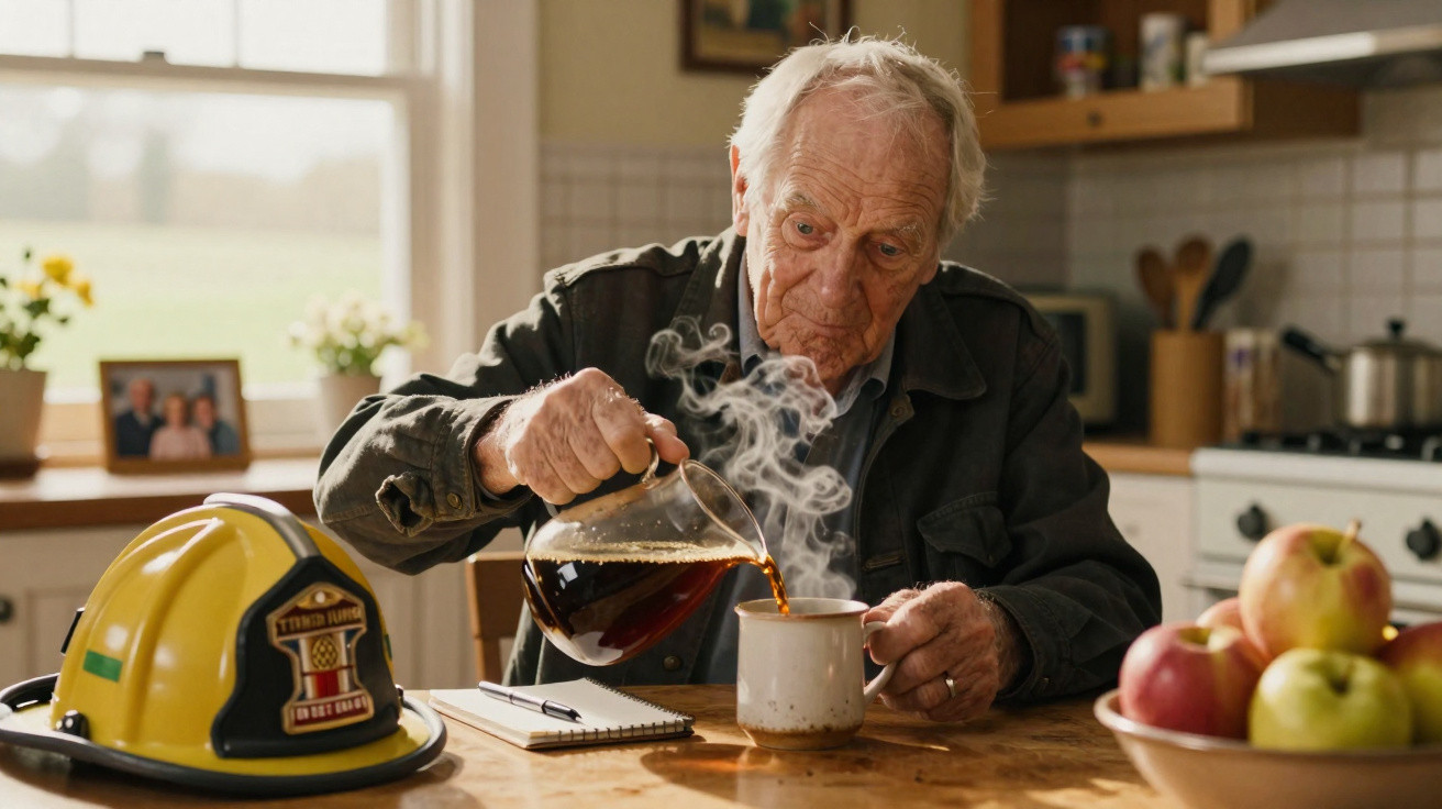 Idoso sentado à mesa na cozinha, servindo café em uma caneca, com capacete de bombeiro e maçãs na mesa.