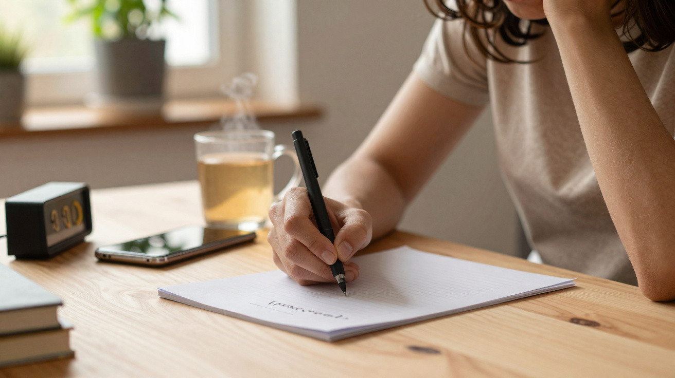 Pessoa escrevendo em caderno sobre mesa de madeira com chá, celular e despertador ao fundo em ambiente iluminado.