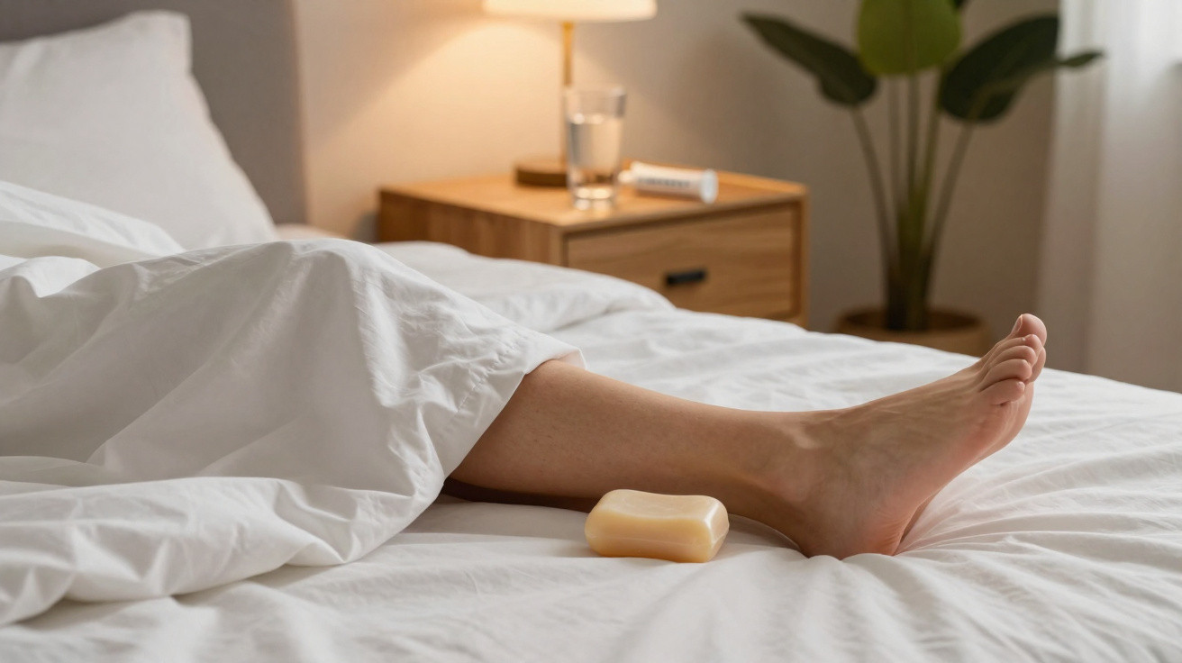 Pé de pessoa na cama com lençol branco, sabão ao lado e mesa lateral com copo e remédio.
