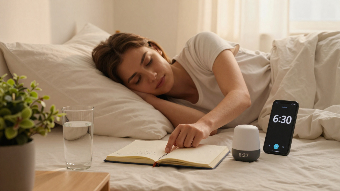 Mulher dormindo na cama com um livro aberto, um copo de água e dois relógios ao lado.