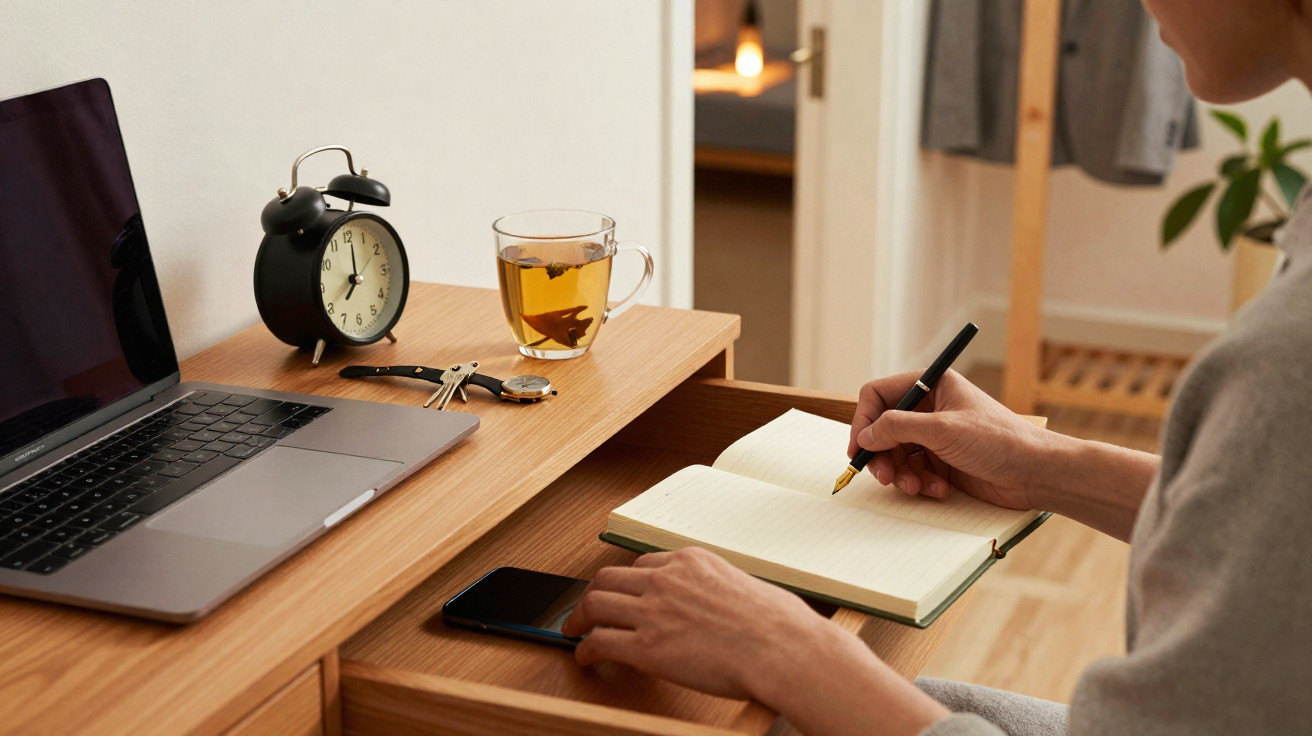 Pessoa escrevendo em caderno com laptop, relógio, xícara de chá e celular sobre mesa de madeira.