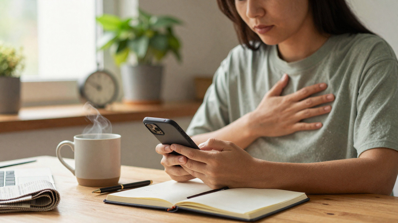 Mulher segurando o peito e olhando para o celular, sentada à mesa com xícara de café e caderno aberto.