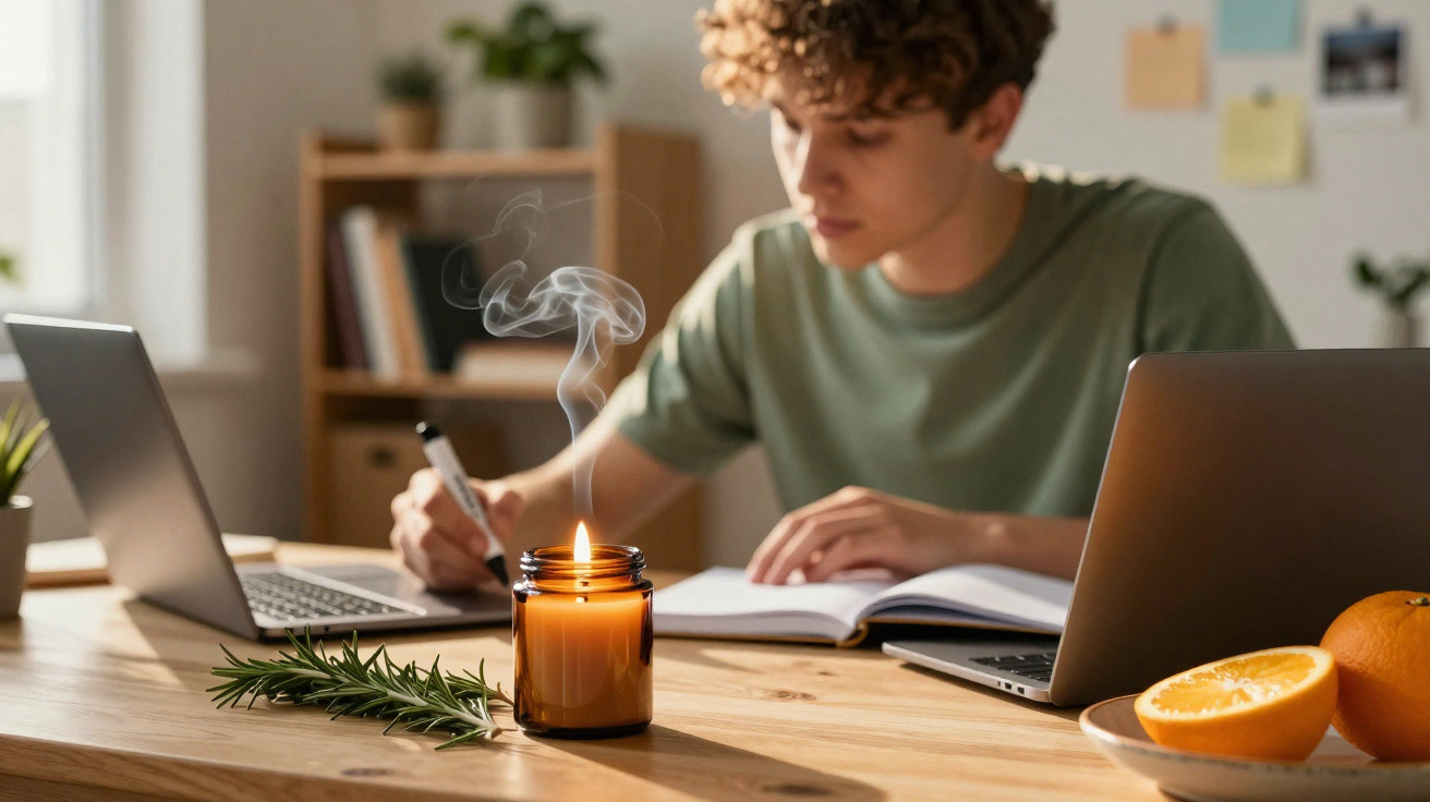 Jovem escrevendo em caderno com dois laptops, vela acesa e ramos de alecrim sobre mesa de madeira.