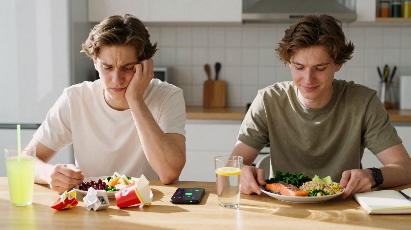 Dois jovens sentados à mesa com pratos de comida, um triste e outro sorrindo, em ambiente de cozinha clara.
