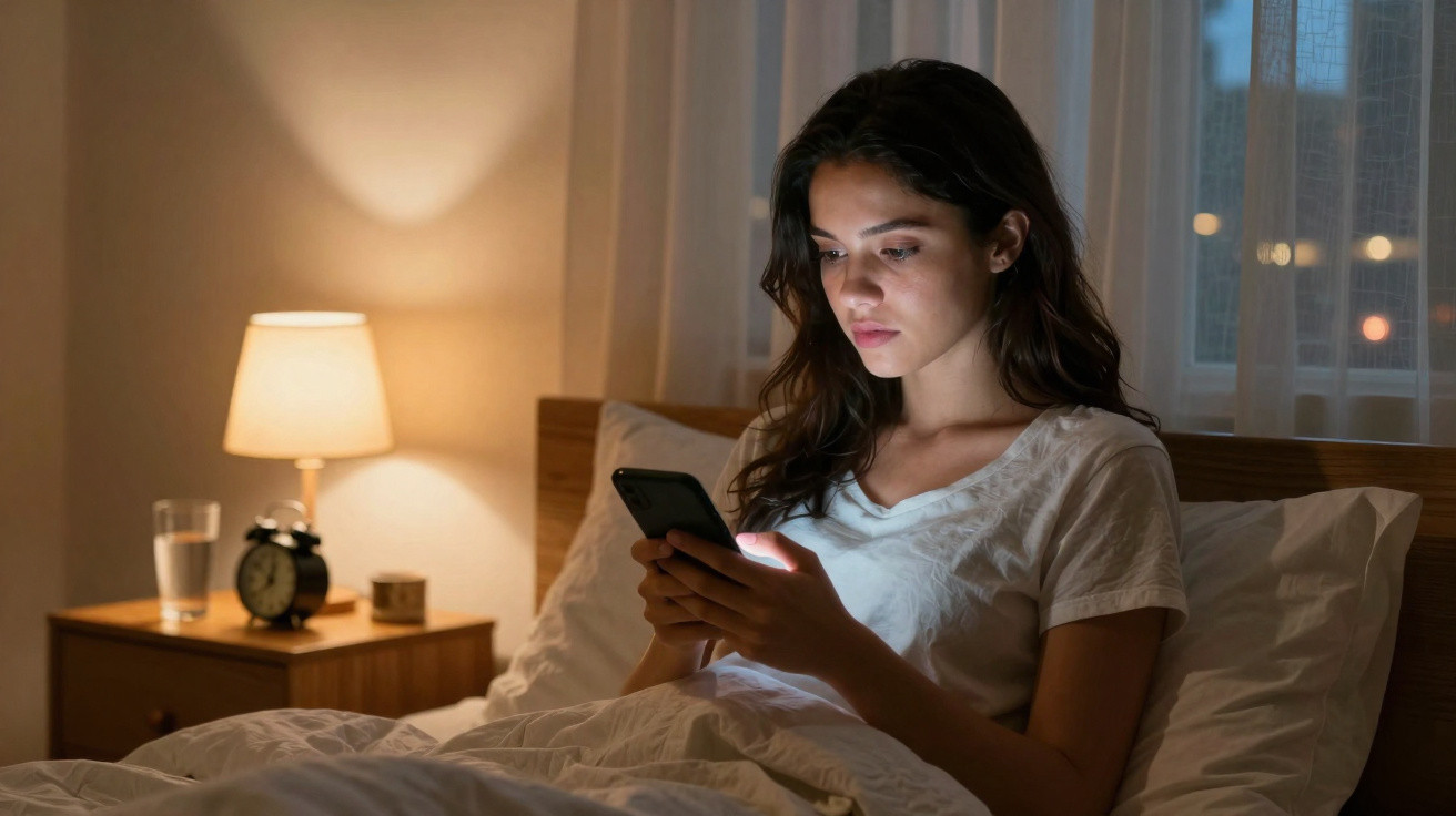 Mulher jovem sentada na cama à noite, olhando para o celular, com abajur aceso ao lado.