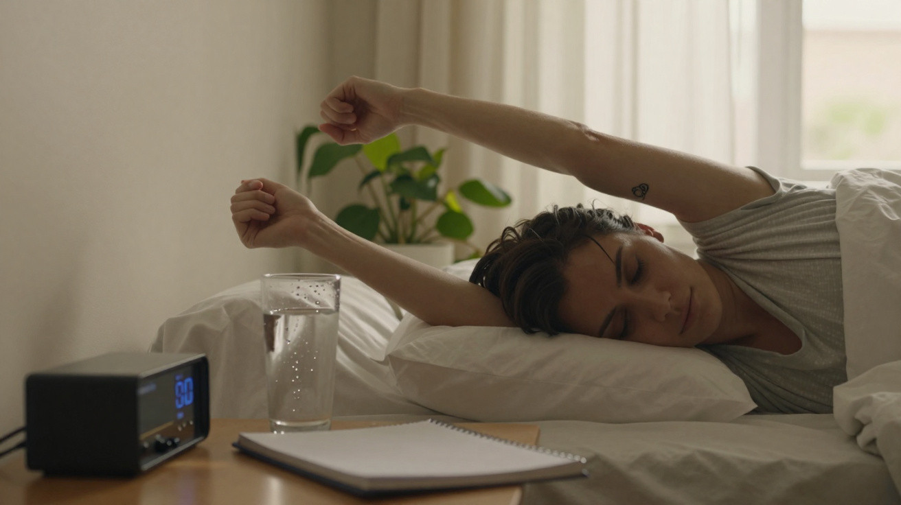Mulher acordando na cama, espreguiçando-se com braços esticados, ao lado despertador, copo e caderno.