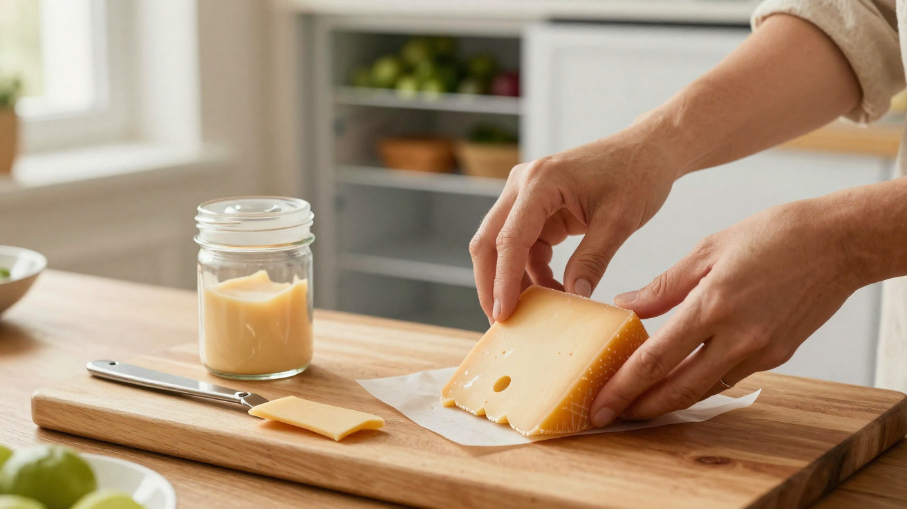 Mãos segurando pedaço de queijo amarelo sobre tábua de madeira, com espátula e pote ao lado.