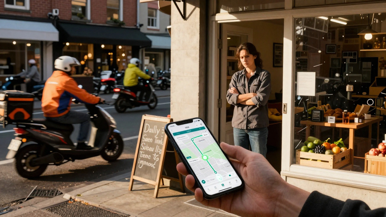 Pessoa segura celular com app de mapa aberto em frente a loja com mulher parada, rua movimentada com motociclistas.