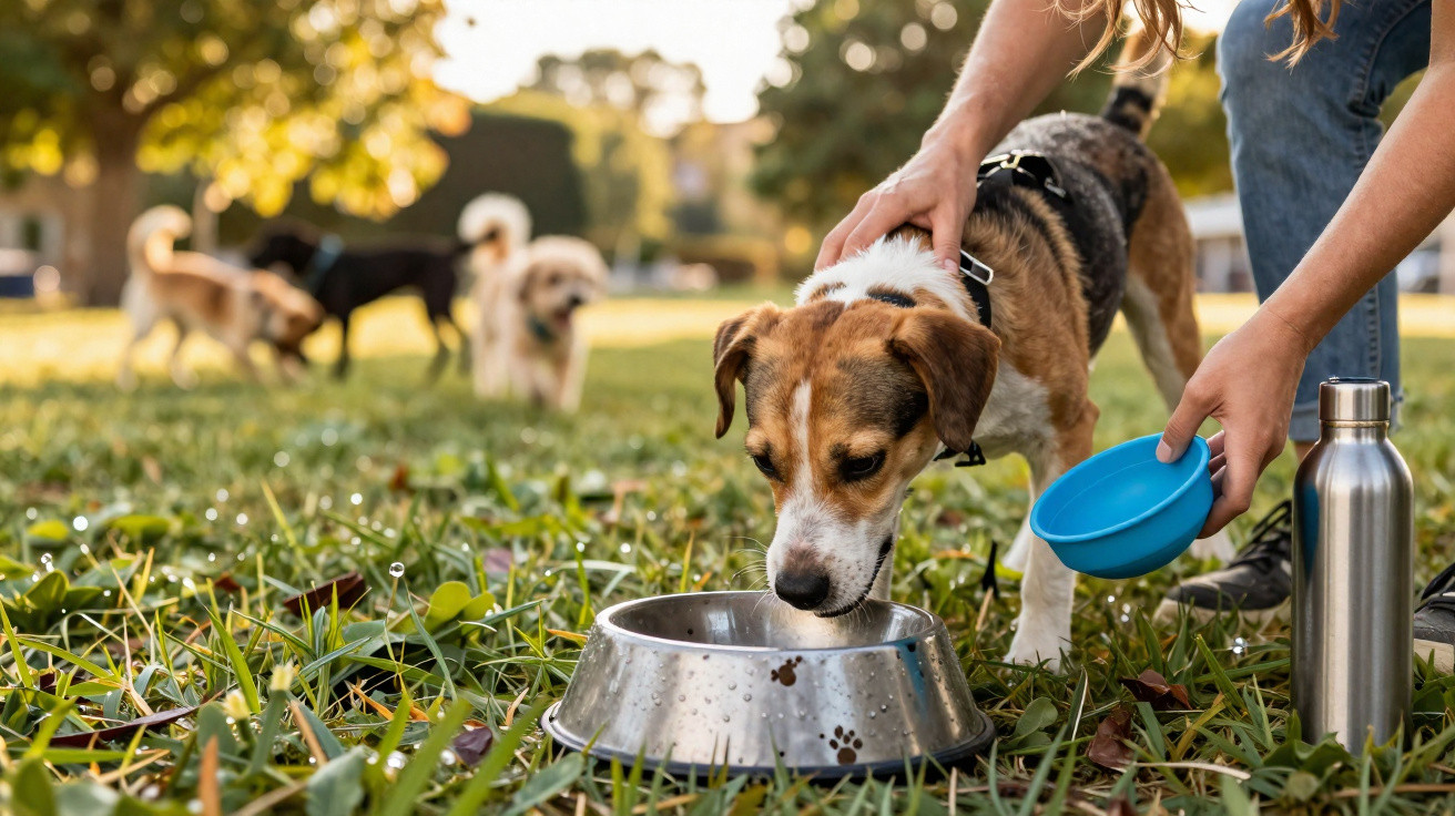 Cachorro bebendo água em parque ao ar livre, com pessoa segurando pote azul para hidratação.