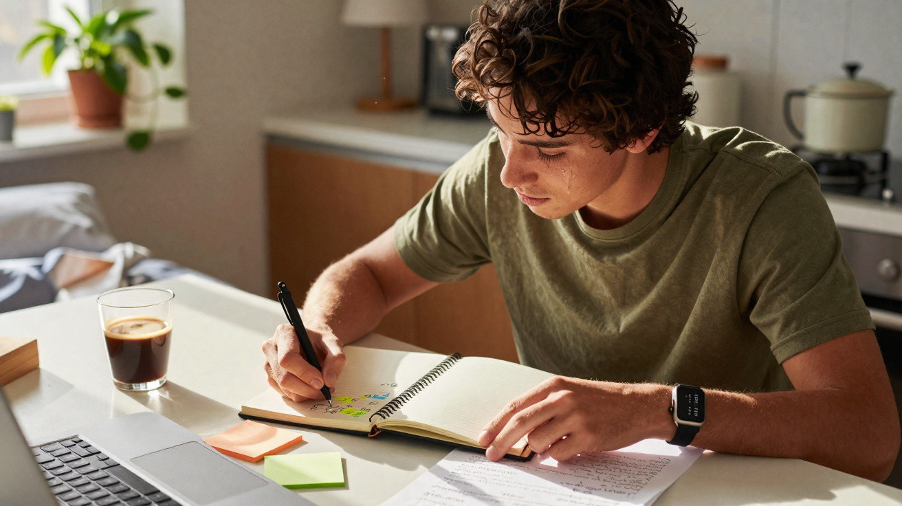 Jovem sentado à mesa escrevendo em caderno com café, laptop e documentos em cozinha iluminada.
