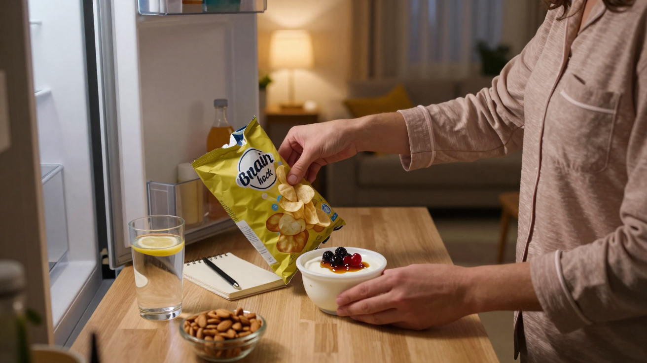 Pessoa colocando batatas chips em sobremesa com frutas ao lado de copo d’água e pote de amêndoas.