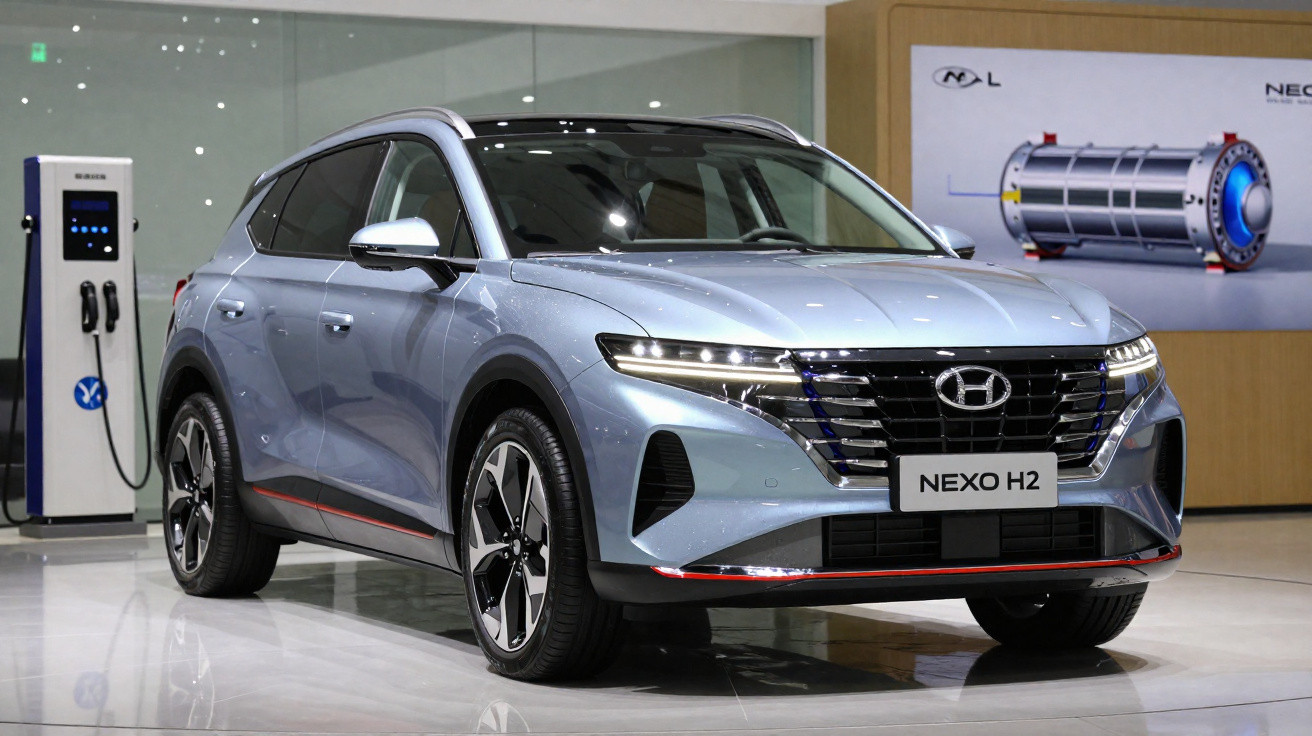 Carro Hyundai NEXO H2 azul claro estacionado ao lado de carregador elétrico em ambiente interno.