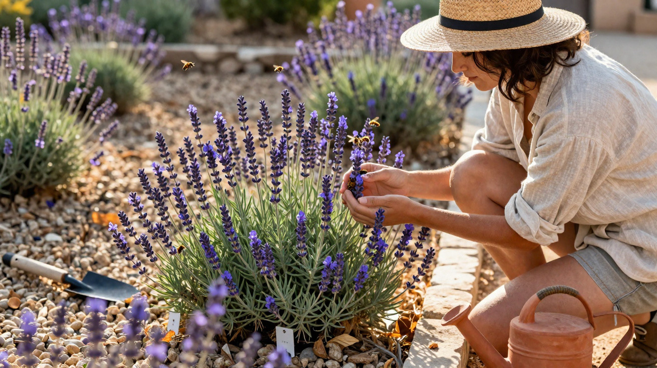 Mulher com chapéu cuidando de lavanda em jardim, com abelhas voando ao redor.