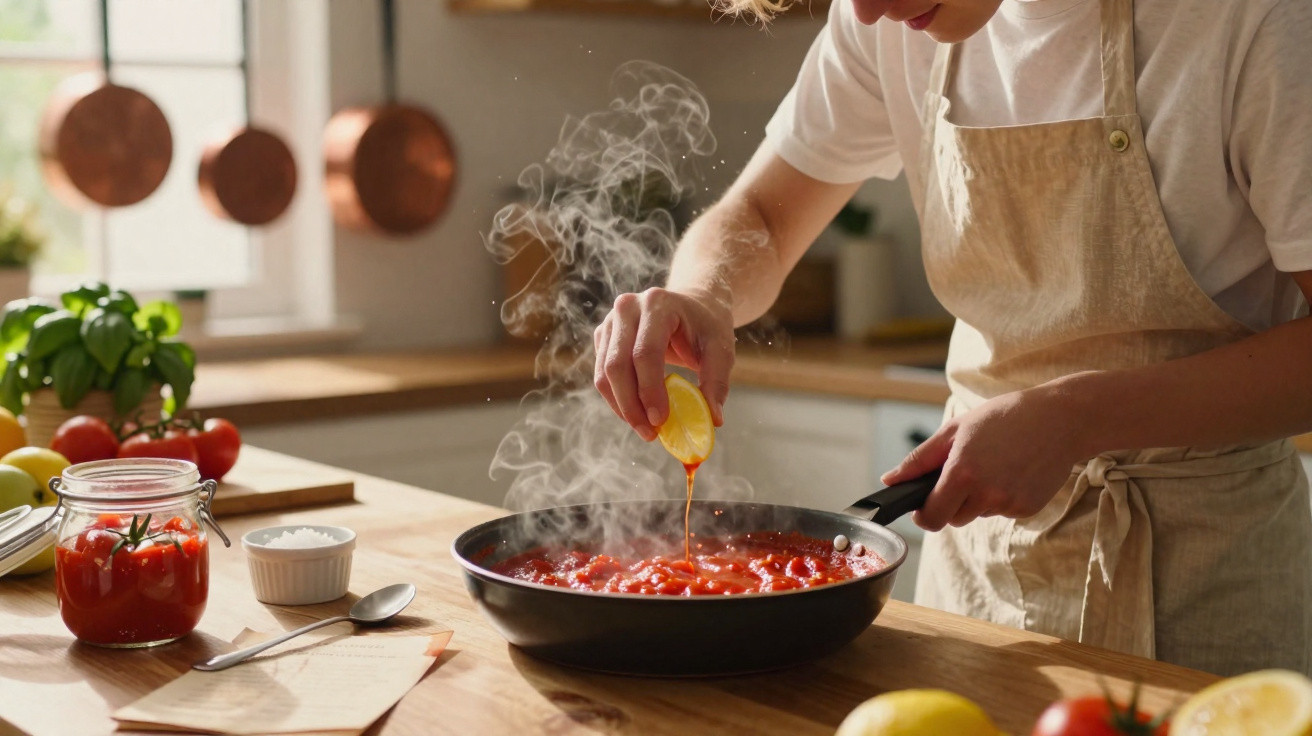 Pessoa espremendo limão em panela com molho de tomate fumegante em cozinha iluminada.