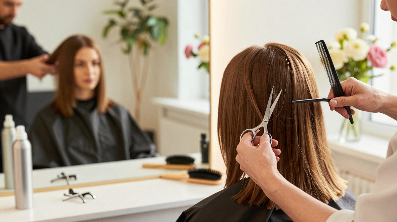 Cabeleireiro cortando cabelo liso e castanho de uma mulher em salão com espelho e flores ao fundo.