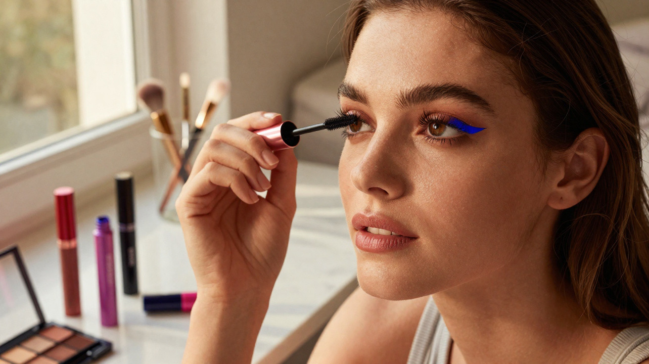 Mulher aplicando rímel nos cílios com maquiagem azul no delineado, próximo a uma janela com produtos de maquiagem.