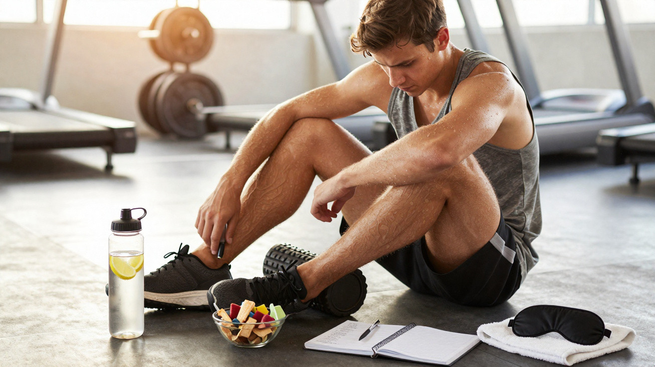 Homem sentado no chão de academia, ao lado de garrafa d'água, lanche, caderno e máscara de descanso.