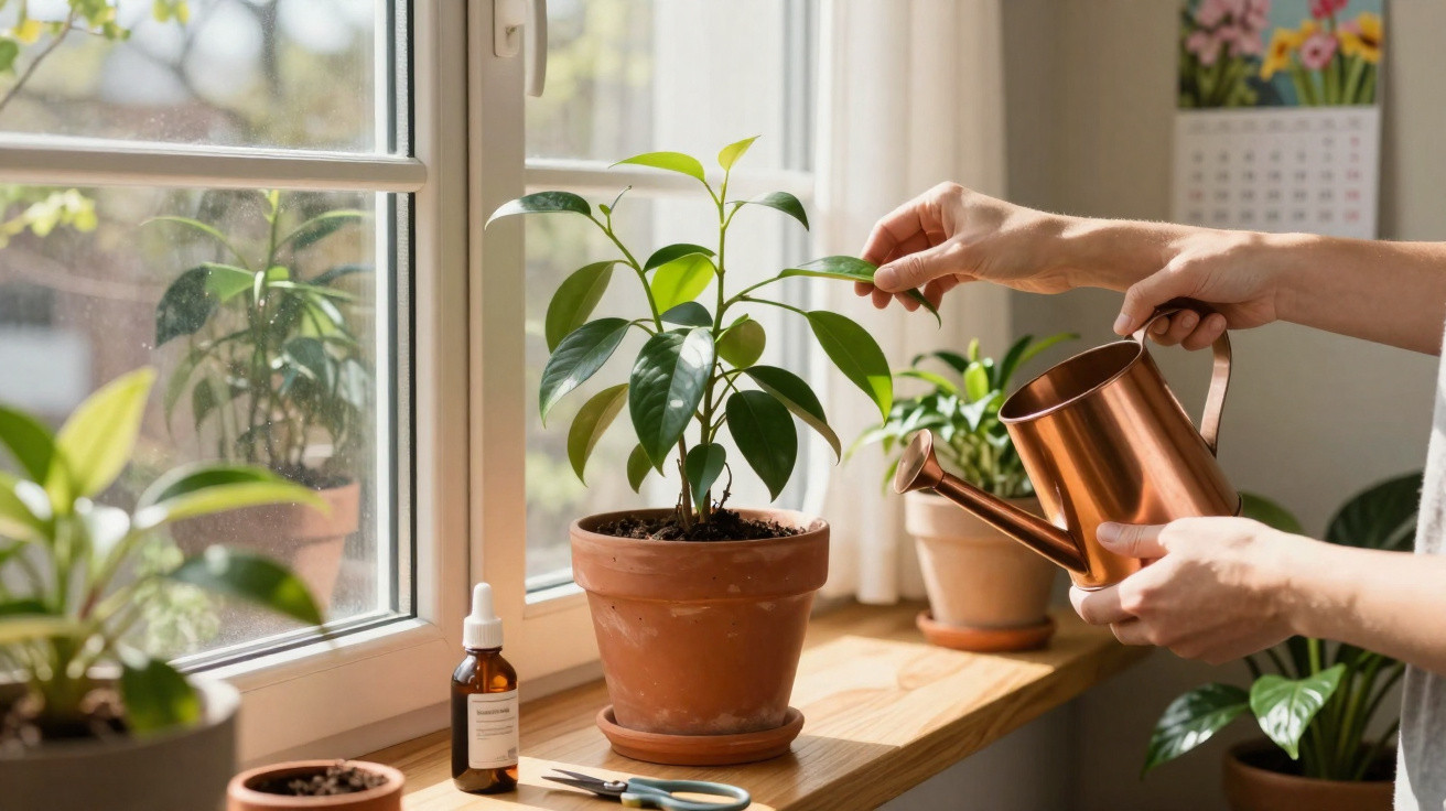 Mãos cuidando de planta em vaso de barro, regando com regador de metal em parapeito de janela iluminado.