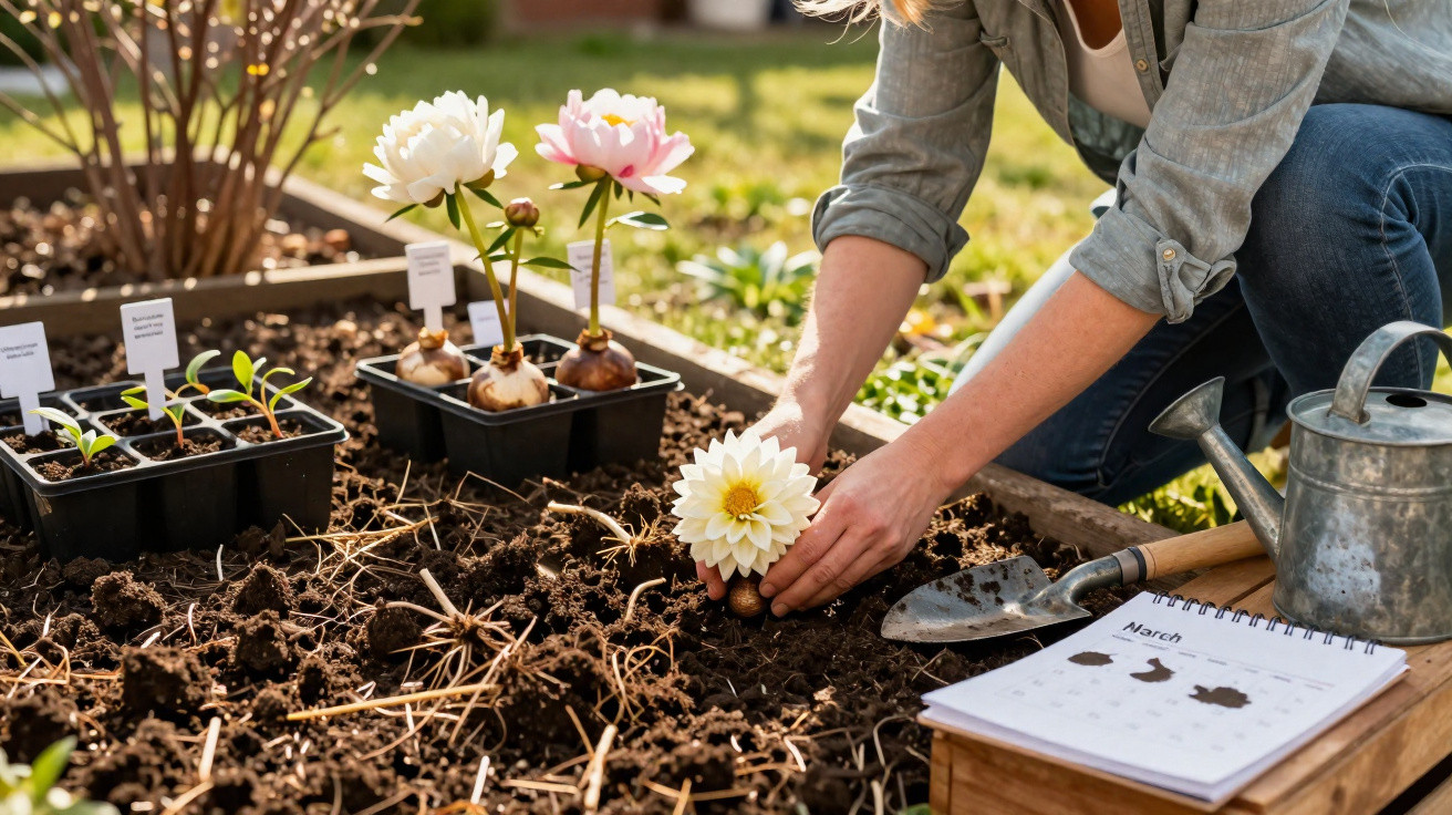Pessoa plantando flores brancas em um canteiro de terra com regador, pá e calendário ao lado.