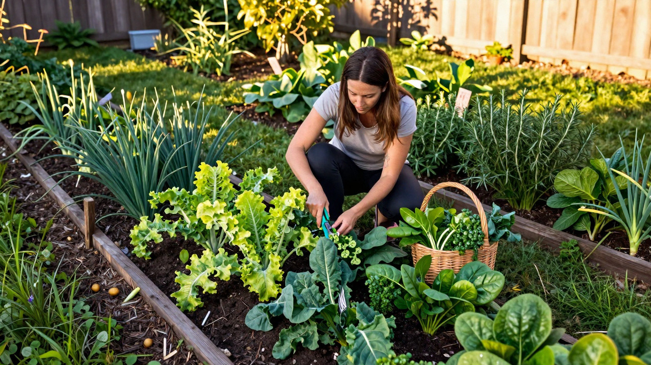 Mulher colhendo verduras em uma horta caseira com diversas plantas em canteiros de madeira.