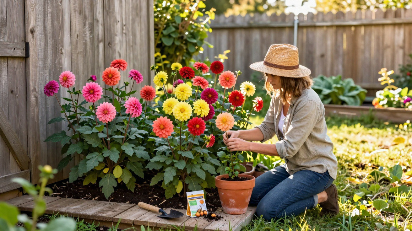 Mulher de chapéu cuidando de flores coloridas em vaso no jardim ao ar livre.