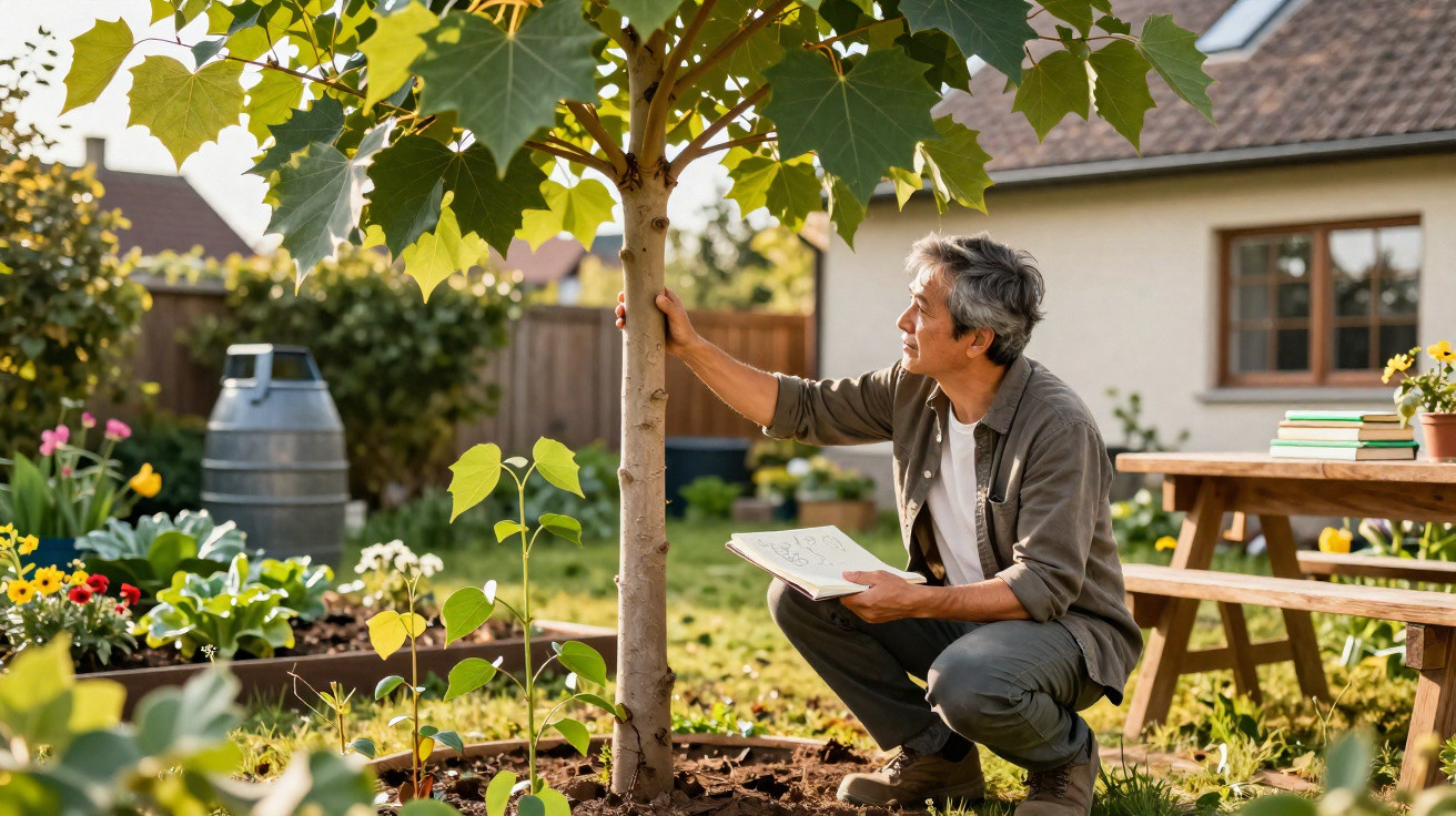 Homem cuidando de árvore em jardim residencial ensolarado, segurando caderno e observando a planta.