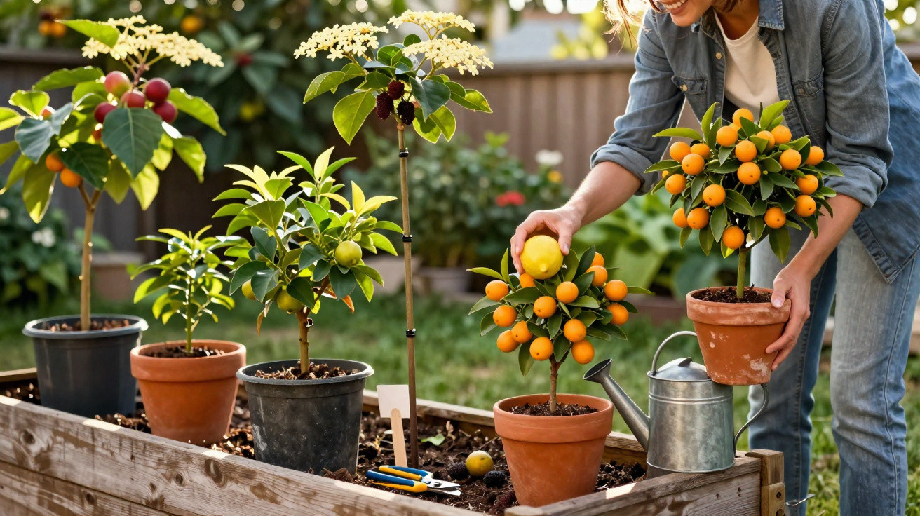 Pessoa cuidando de plantas frutíferas em vasos numa horta elevada em área externa.