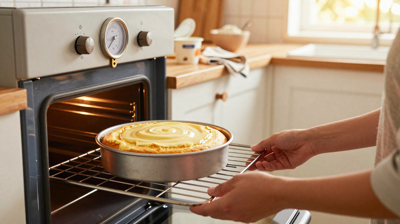 Pessoa retirando bolo com cobertura de forno doméstico em cozinha iluminada pela luz natural.