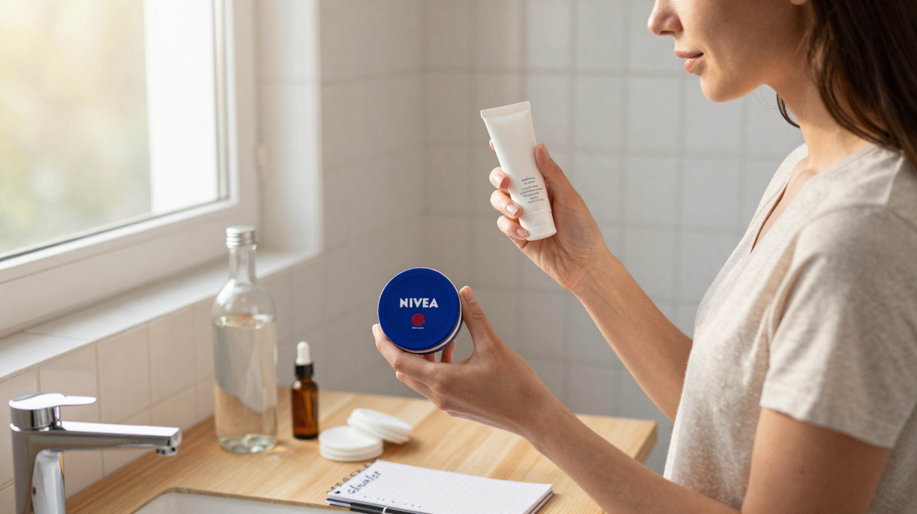 Mulher segurando produtos de skincare, creme Nivea e tubo branco em banheiro iluminado pela janela.
