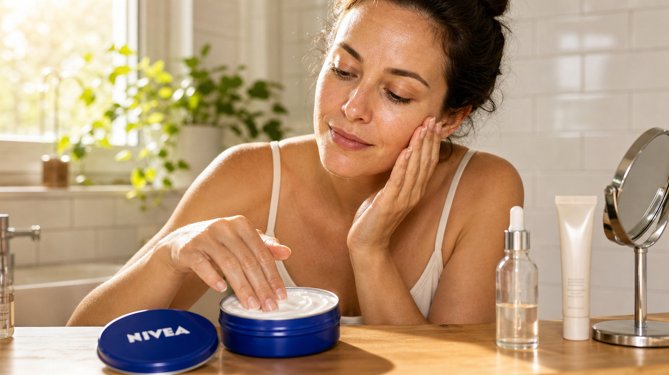 Mulher aplicando creme facial Nivea em ambiente iluminado com produtos de beleza ao redor.