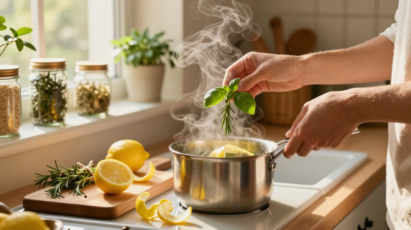 Pessoa cozinhando com ervas frescas e limões em panela com vapor na cozinha iluminada pelo sol