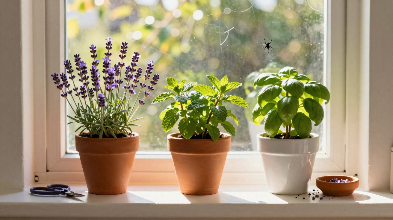 Três vasos com plantas na janela iluminada pelo sol, tesoura ao lado e uma aranha na teia no vidro.