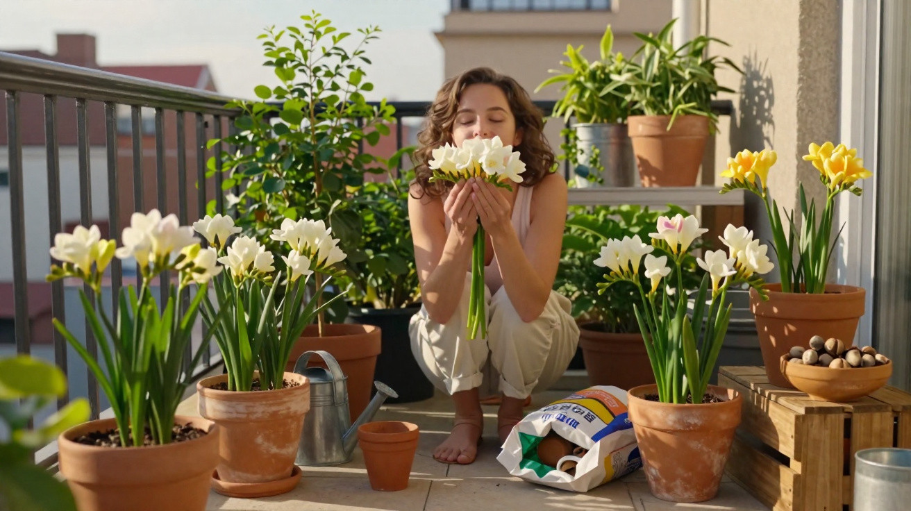 Mulher agachada cheirando flores brancas em varanda com vasos e plantas ao redor.